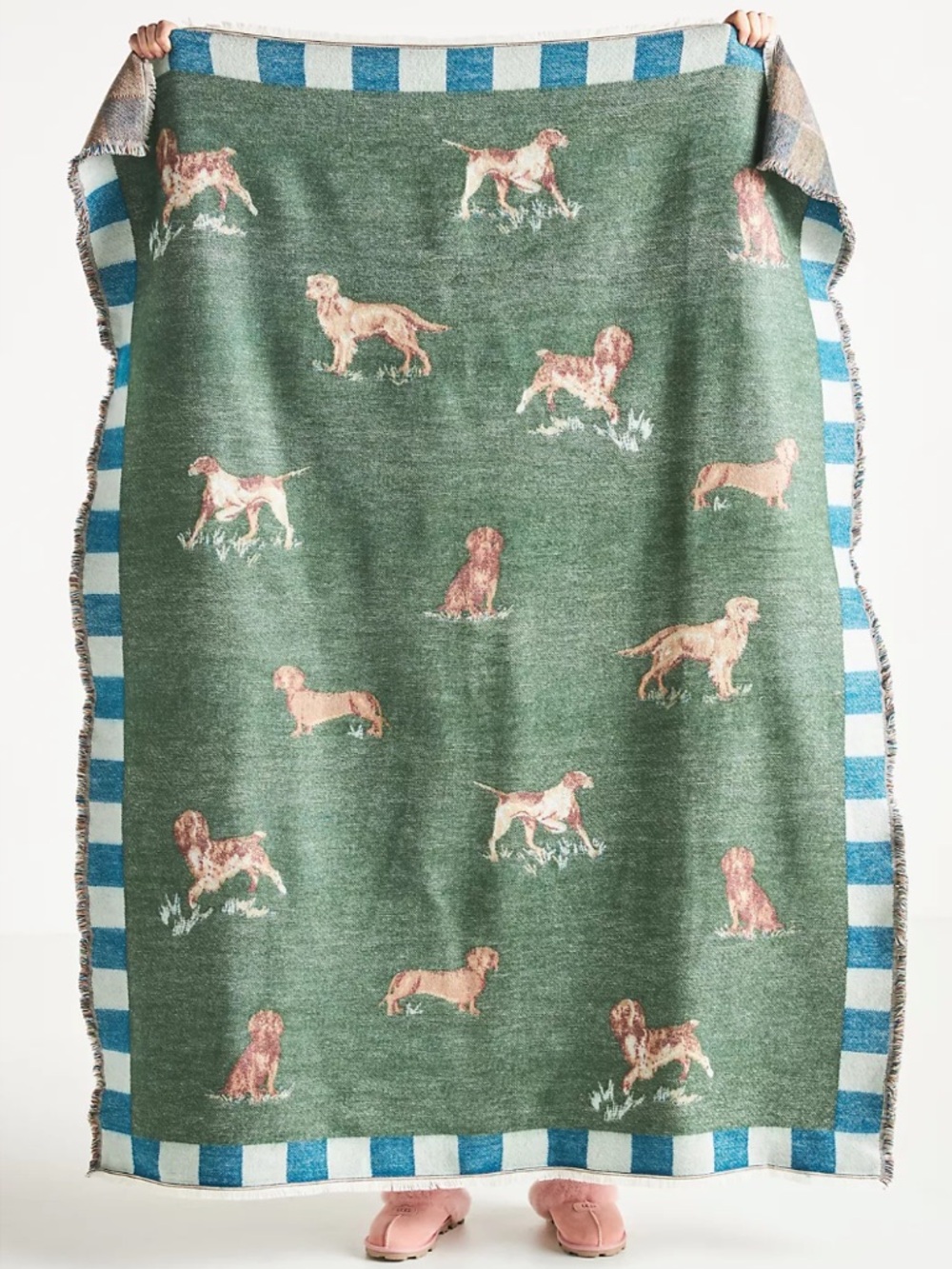Anthropologie Green Jacquard Dog Pattern Throw Blanket NWT